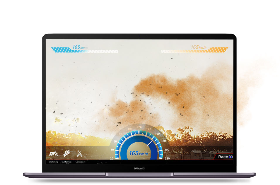 Two motorcyclists fastly rush out the Huawei matebook screen