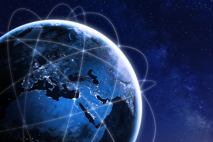 Global connectivity concept with worldwide communication network connection lines around planet Earth viewed from space, satellite orbit, city lights in Europe, some elements from NASA