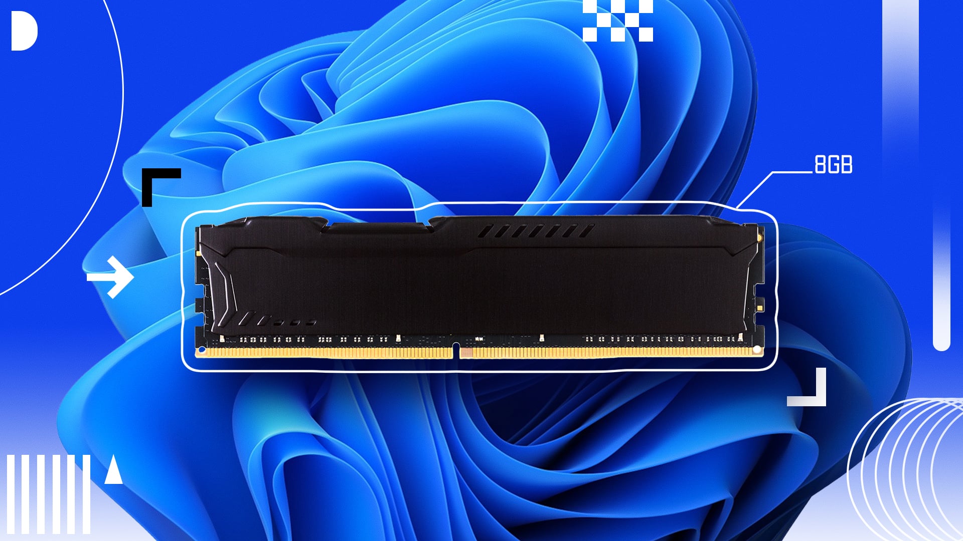 A RAM stick over a Windows 11 desktop wallpaper