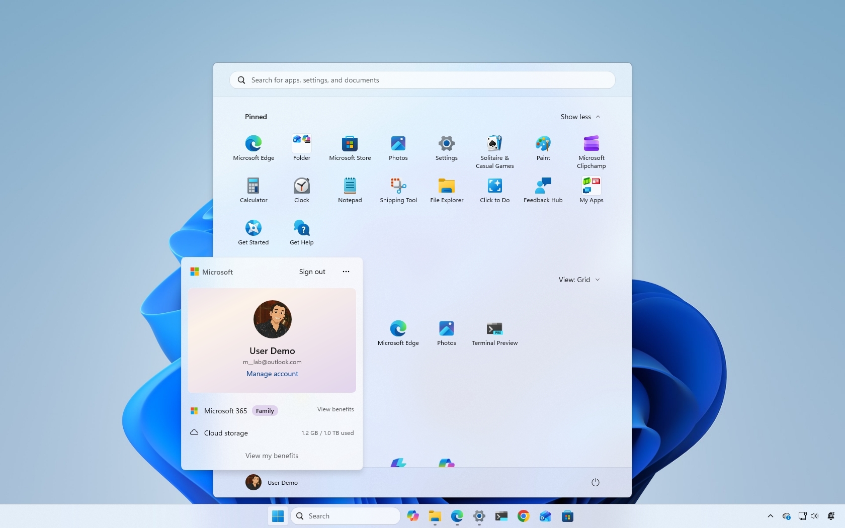 Windows 11 desktop with the Start menu open showing th e new Account Control interface.